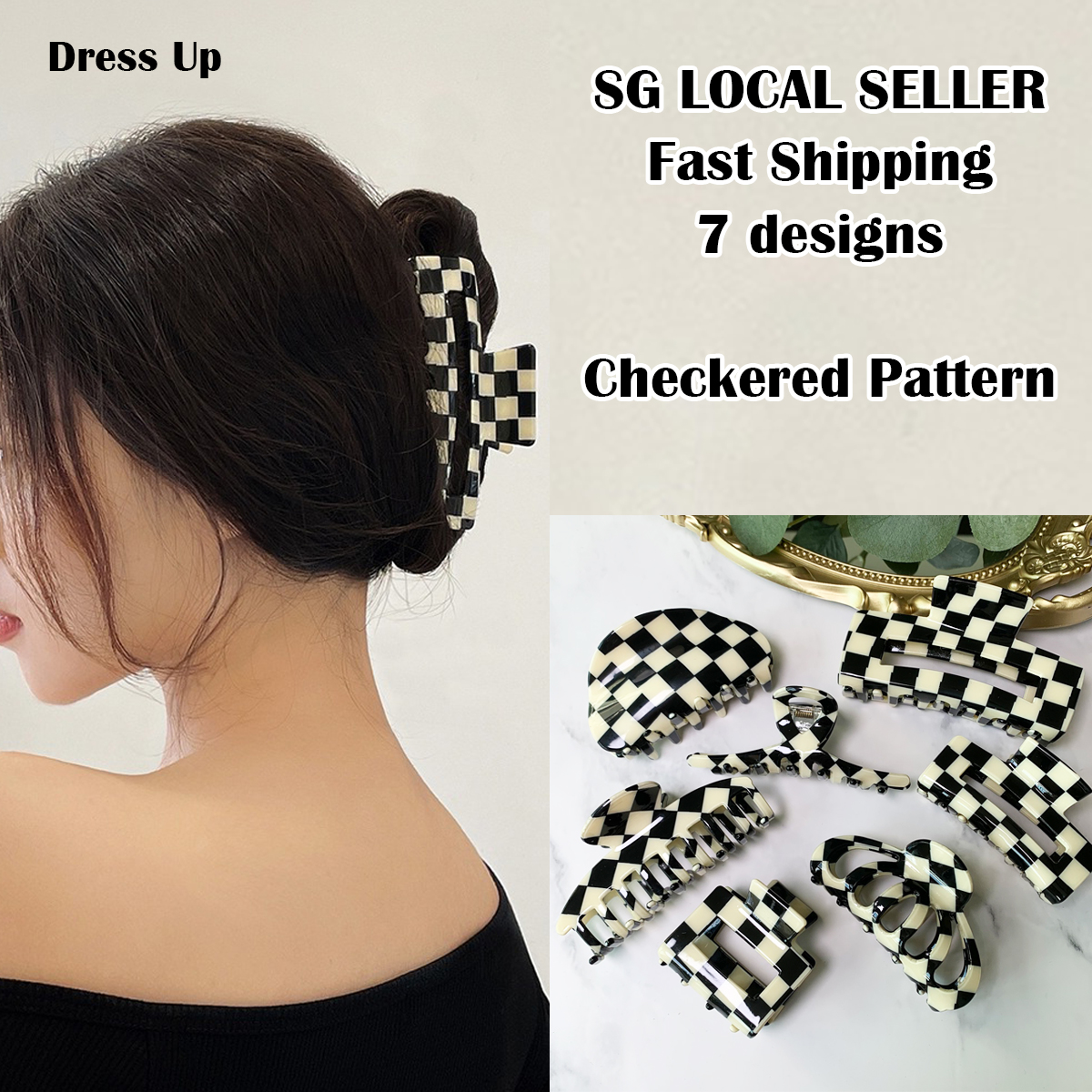 [SG | NEW] Gingham Pattern (Big) Acetate Fiber Big and Medium hair Claw Hair Clip, Trending Checkered Pattern Cool Girl Hair Claw in 7 Design