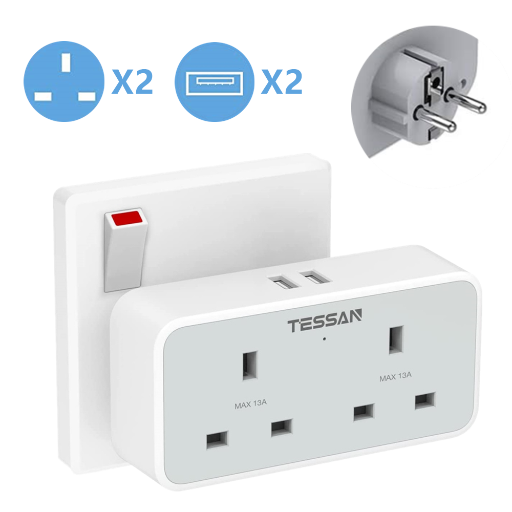 4 IN 1 European Travel Adapter Singapore UK to EU Euro Wall Charger with 2 USB ,TESSAN Singapore 3 Pin Converter to EU 2 Pin Extension with 2 Sockets Surge Protection Double Plug Adaptor for Ukraine/P